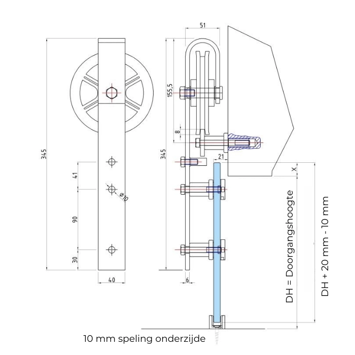 Schuifdeur met zwarte open rails van rookglas