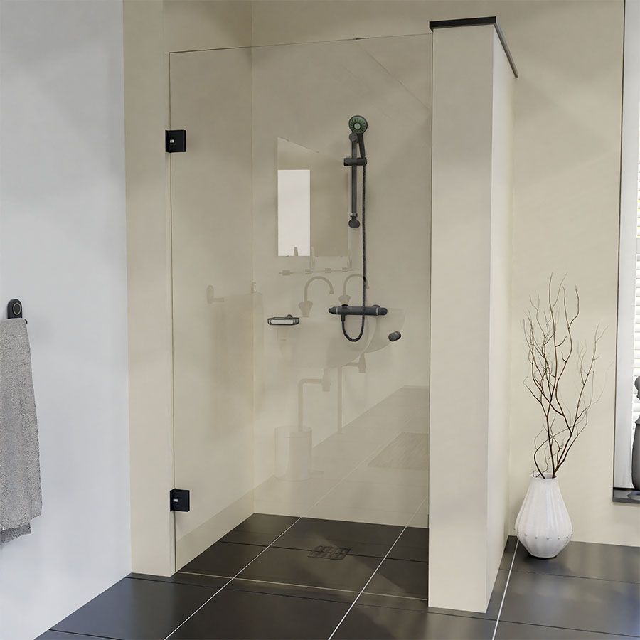 Zwarte-douchedeur-helder-glas-ronde-knop