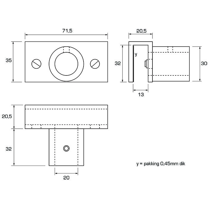 Glasbevestiging verlaagd voor 6 - 12mm glas