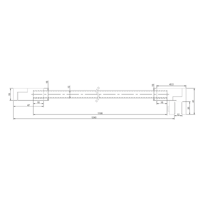 Stabilisatiestang vierkant mat wit, horizontaal, glas - wand, 1200mm 